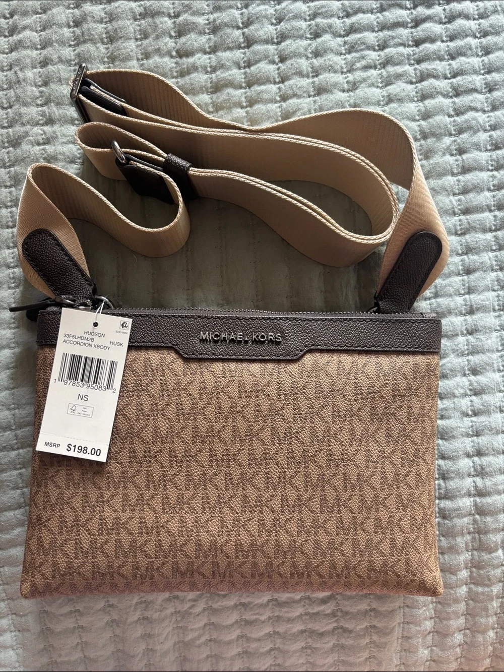 Michael Kors Brown/Tan MK Logo Crossbody with Wide Beige Strap
